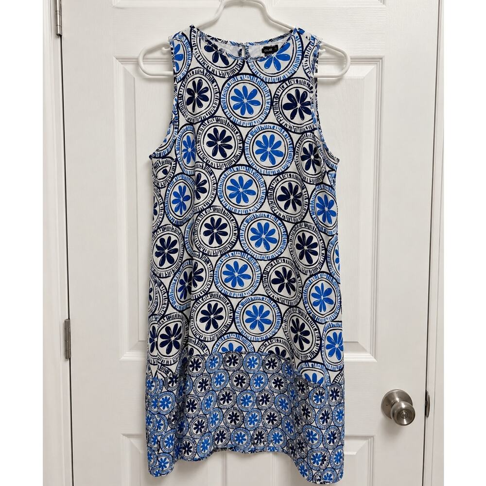 Mud Pie Dress Womens M 8-10 Blue White Floral Medallion Shift Sleeveless